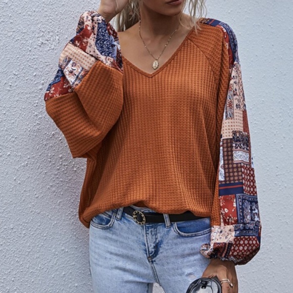 CLEARANCE Orange Fall Vibes Patchwork Waffle Long Sleeve Tee - Picture 5 of 8